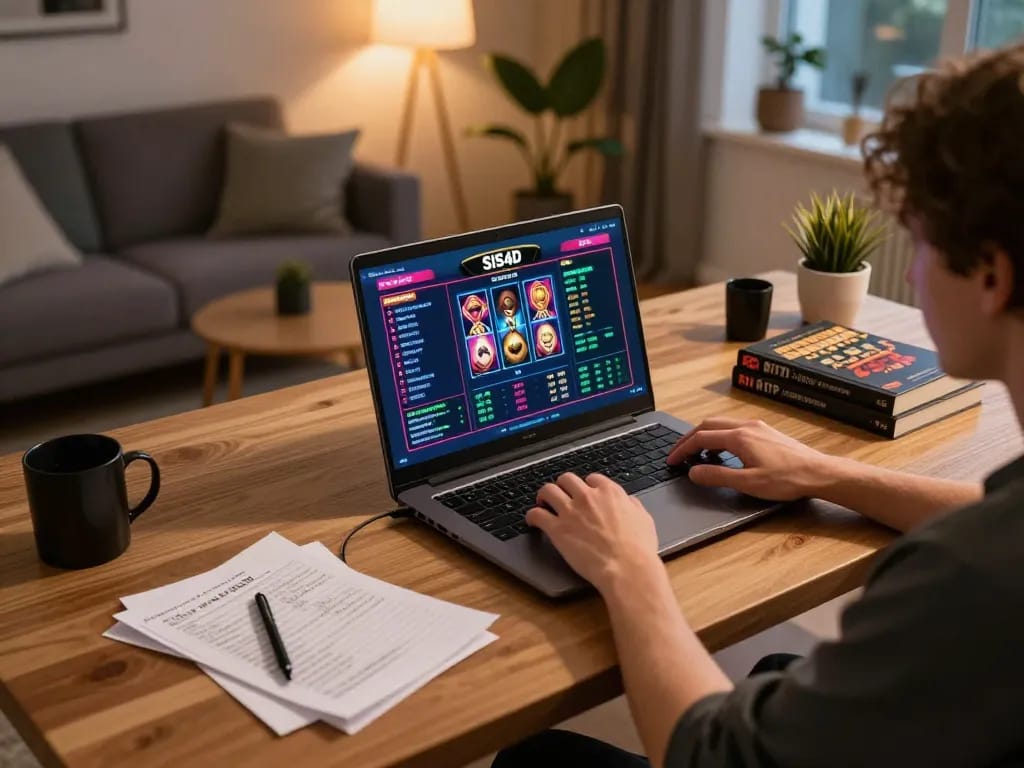 SIS4D slot online gaming session at home with laptop showing RTP details.
