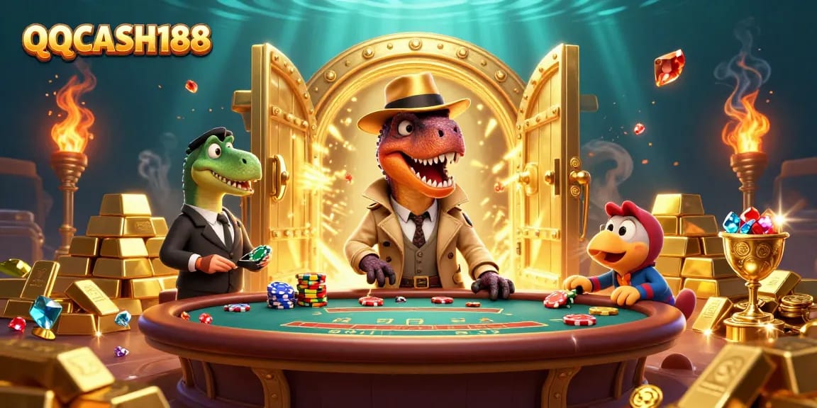 Engage with QQCASH188 while a velociraptor stealthily plays blackjack surrounded by treasures.