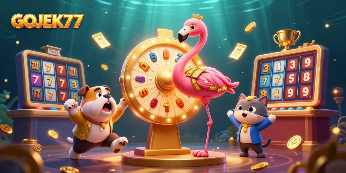 Spin the GOJEK77 prize wheel in an exciting casino scene filled with slot elements.