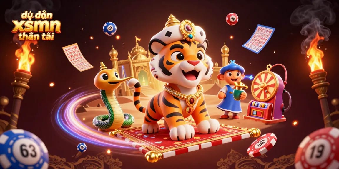Engage with dự đoán xsmn thần tài illustrated in a vibrant lottery-themed 3D scene filled with dynamic elements.