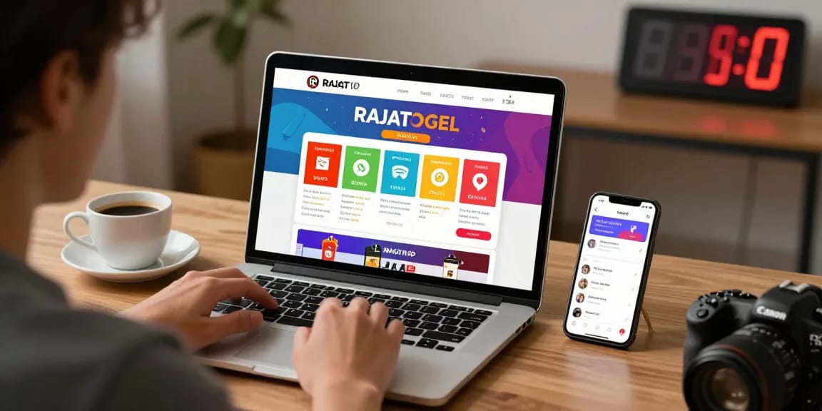 Pengguna RAJATOGEL mengakses platform togel online dengan antarmuka modern di depan laptop, suasana nyaman dan menyenangkan.