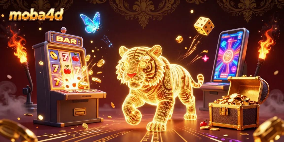Engage with moba4d's vibrant digital casino, featuring a golden tiger and slot machines exploding with jackpots.