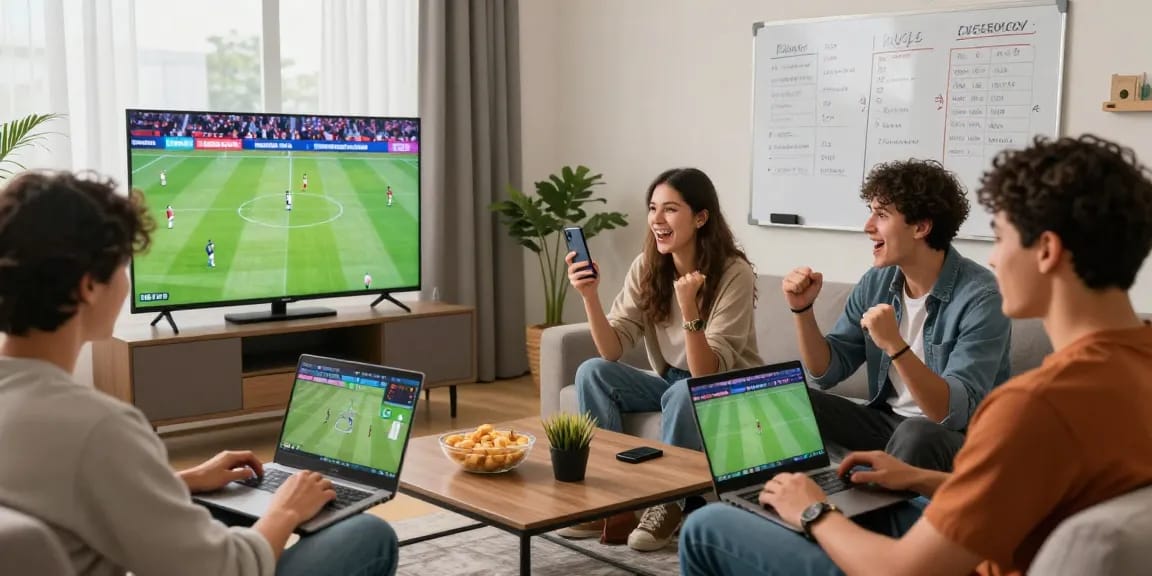 Enthusiastic friends using tempototo for betting on World Cup 2026 in a lively living room.