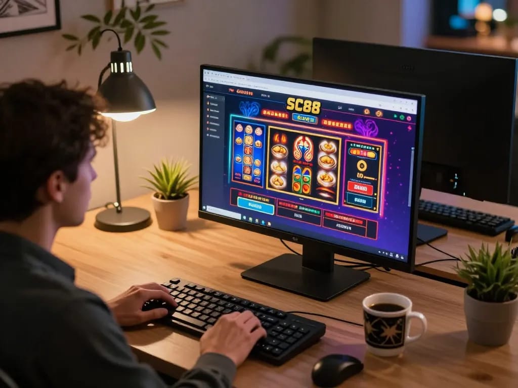 Engaged player exploring SC88 online casino options on a modern desk setup