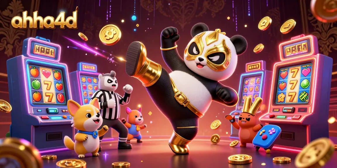 Experience the thrill at ahha4d with slot machines and engaging animal characters in a lively casino scene.