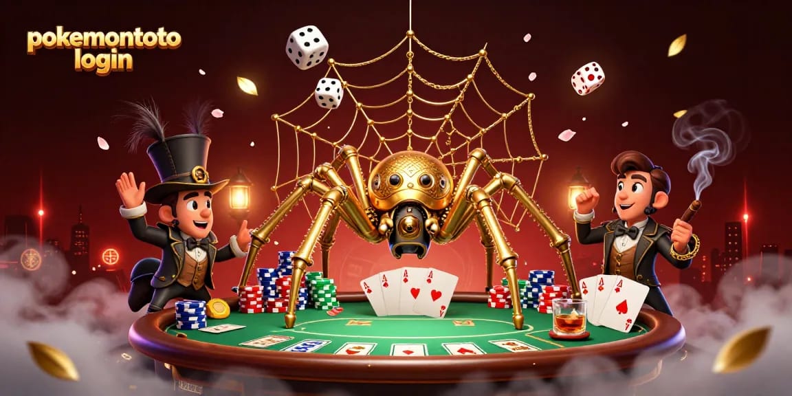 Pokemontoto login dengan ilustrasi kasino yang kaya warna dan detail, menampilkan laba-laba steampunk menangkap dadu dan mengelilingi meja poker.
