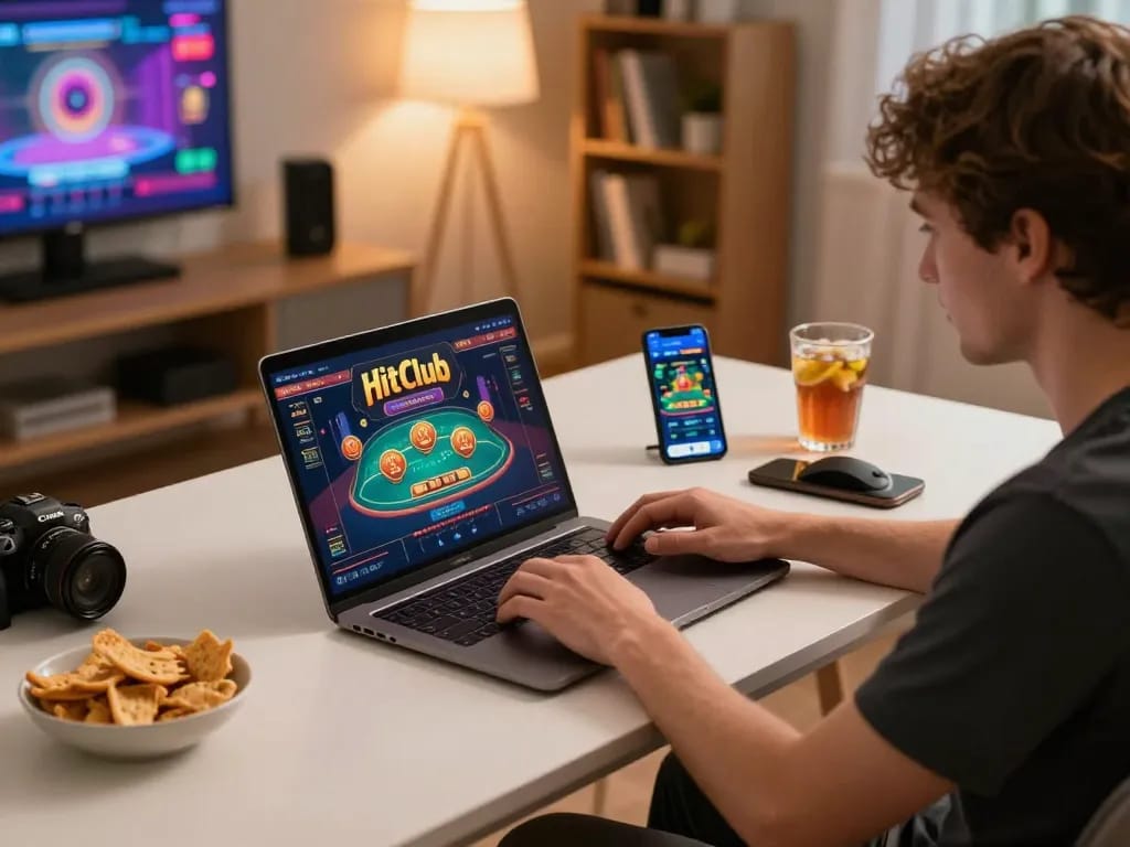 Engaging with Hitclub online casino from home, showcasing strategic gaming setup.