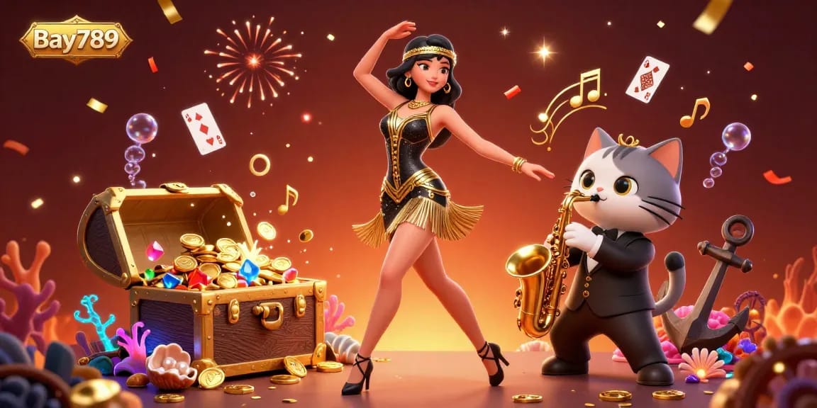 Experience the excitement of Bay789 with a festive scene featuring a dancing woman and a saxophone-playing cat amid colorful game elements.