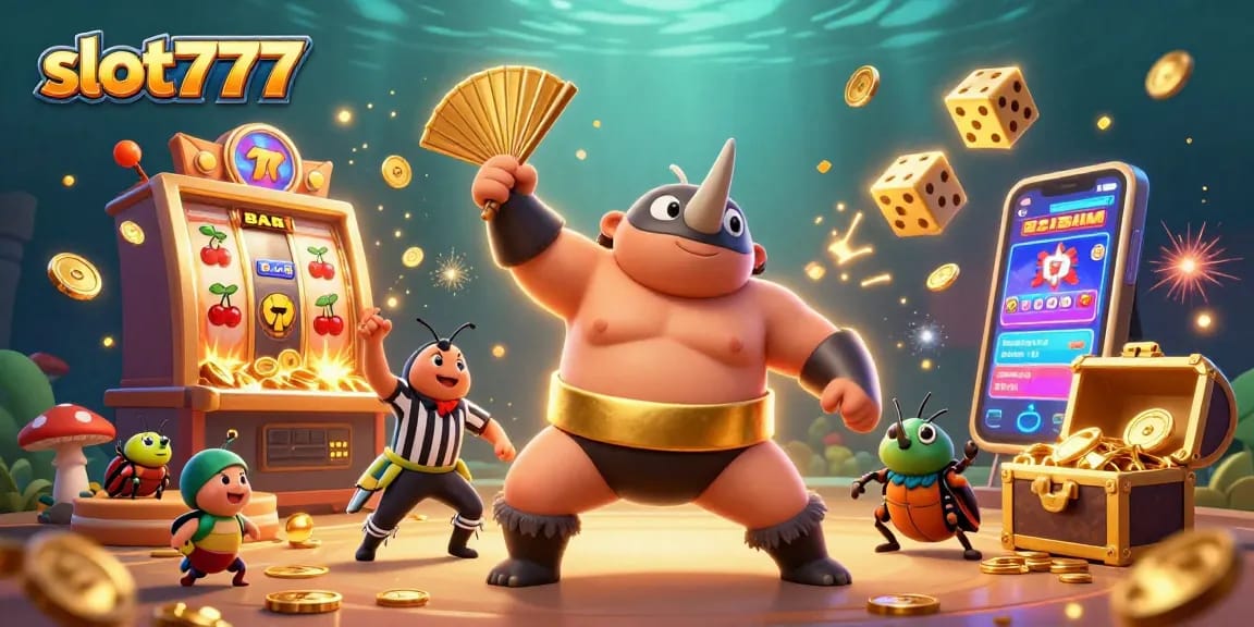 Join the action with slot777 as a rhinoceros beetle champion stomps for jackpots in a vibrant casino scene.