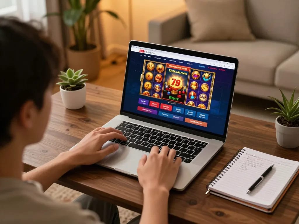 Engaging with 789win com online casino from home, showing gameplay strategy and cozy setup.