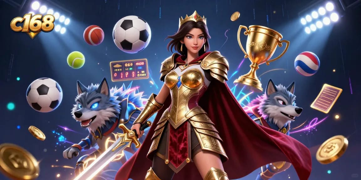 C168 sports betting action scene with a warrior queen and armored wolf surrounded by dynamic game elements