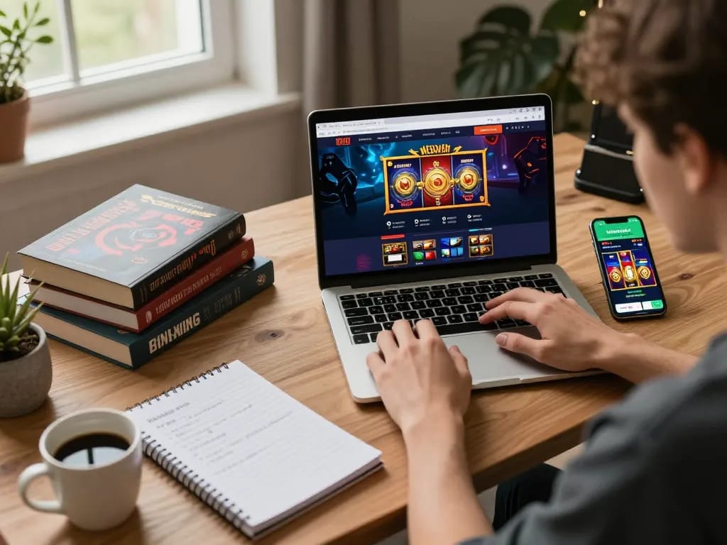 Engage with link slot at a cozy online gaming setup featuring a laptop and smartphone.