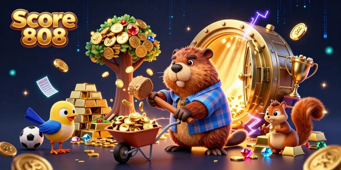 Experience a thrilling sports betting scene with Score 808's cartoon characters celebrating while collecting golden coins.