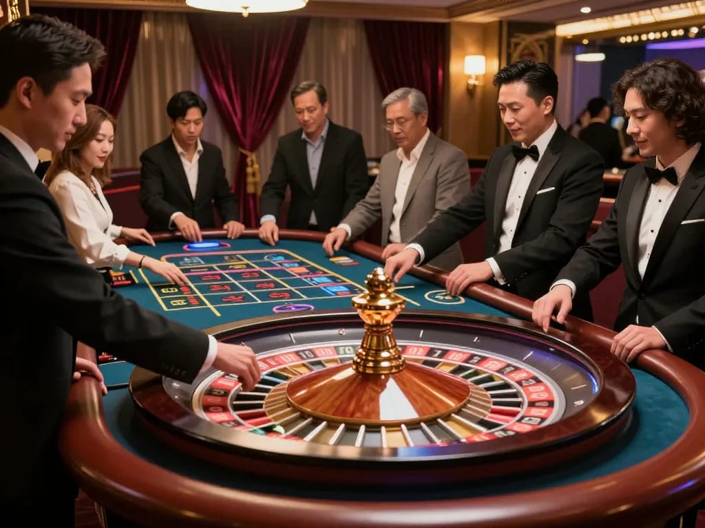 Players placing bets at the exciting tg88 roulette table during a vibrant casino night.