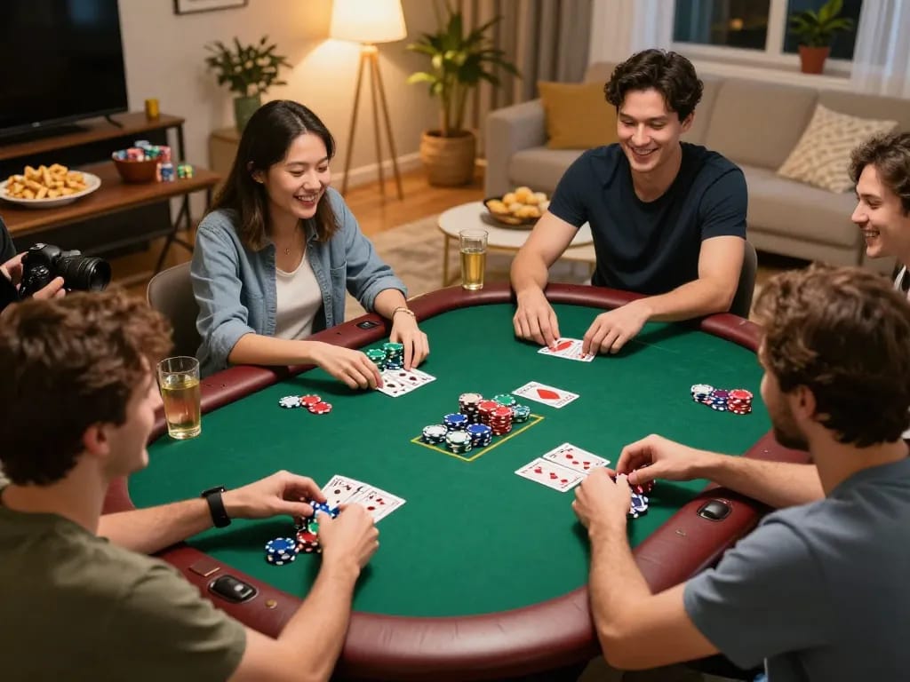 ZEUS222 poker night with friends enjoying a game around a vibrant table, showcasing camaraderie and strategy.