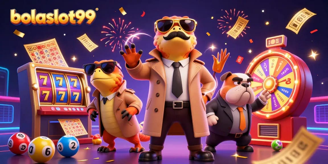 Experience the excitement of bolaslot99 as raptors in disguise attempt VIP entrance amid vibrant gaming elements.