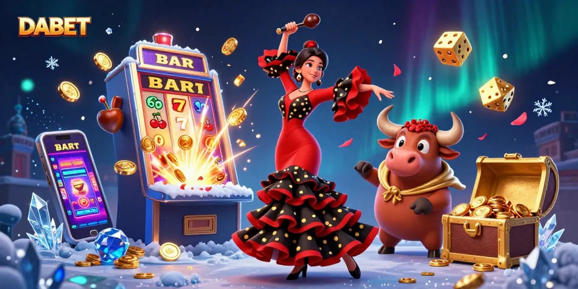 DABET's exciting gaming scene with a flamenco dancer and a fighting bull, showcasing vibrant casino elements.