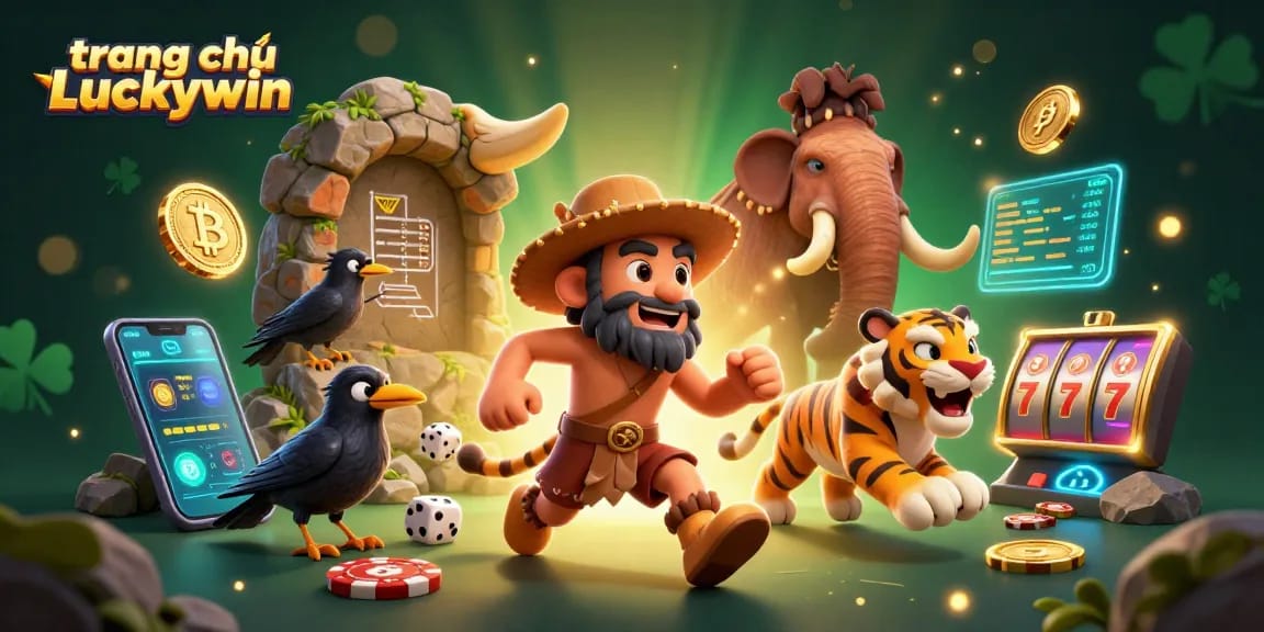 Engage in the thrill of trang chủ Luckywin, featuring a lively prehistoric casino scene with cavemen, crypto coins, and slot elements.