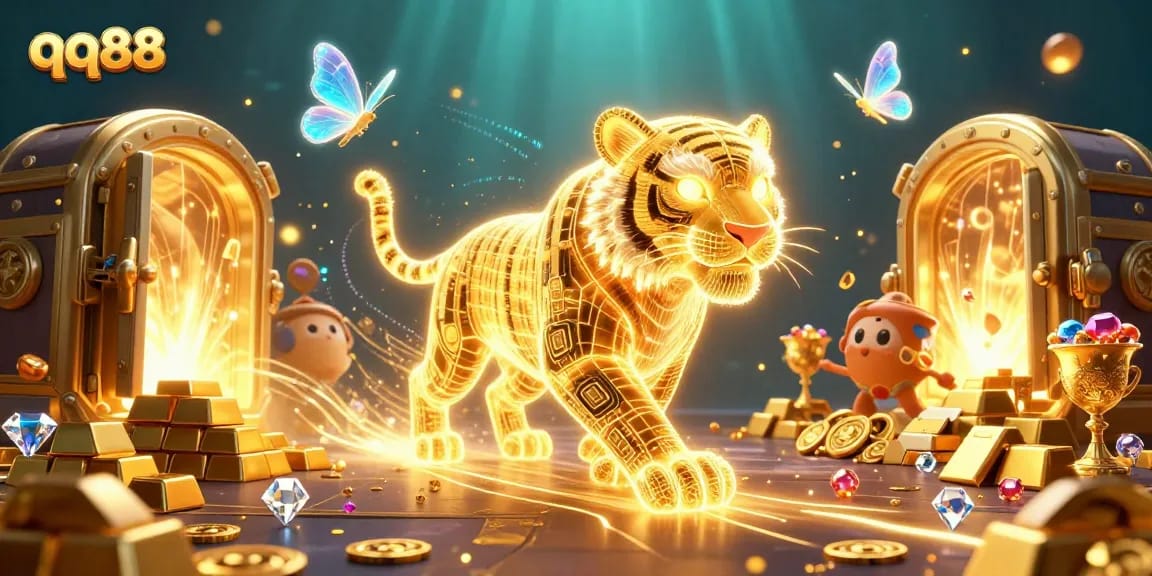 Experience thrilling gameplay at qq88 with a vibrant casino scene filled with treasure and neon characters.
