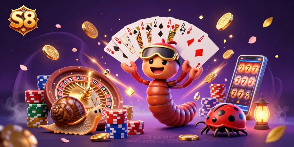 S8 players level up their game in an exciting casino atmosphere with vibrant characters and golden prizes.