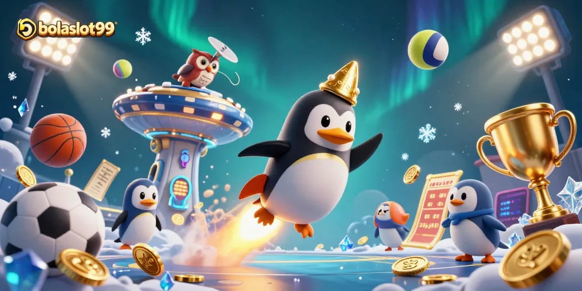 Bolaslot99 showcases a colorful illustration of a golden penguin racing to a casino station, capturing the excitement of gaming.