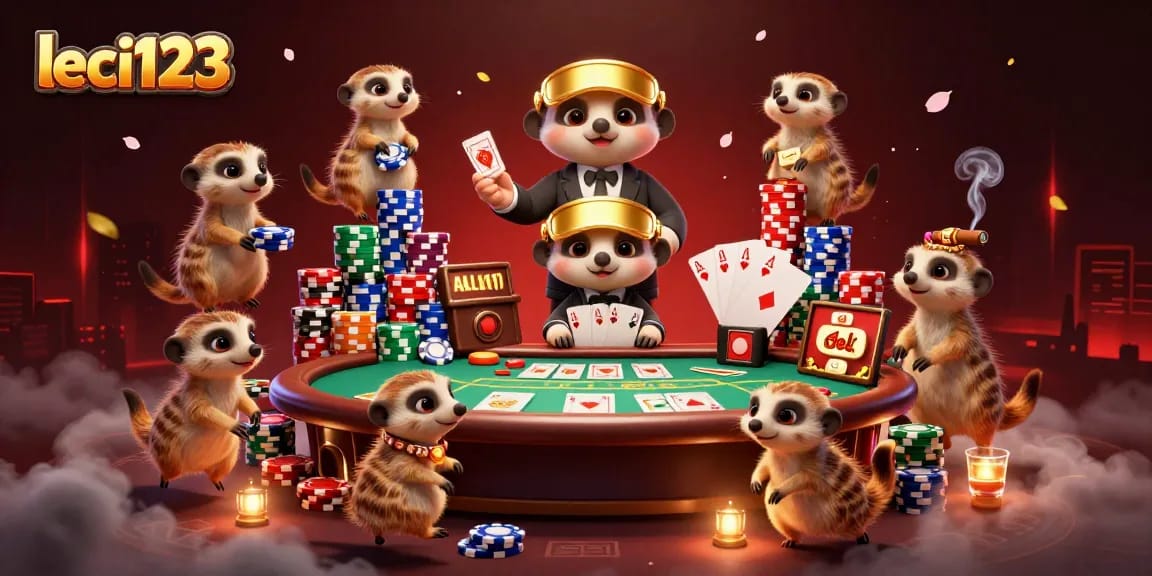 Experience lively gameplay at leci123 with meerkats operating a colorful casino and poker scene.