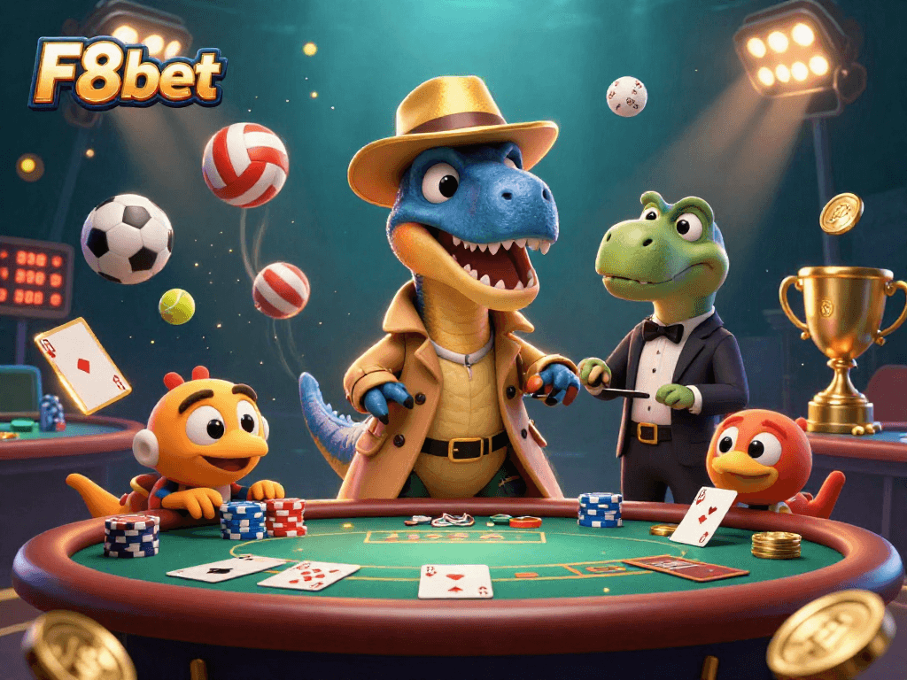 Experience thrilling gameplay at F8bet with cartoon velociraptor card counter and stegosaurus pit boss.