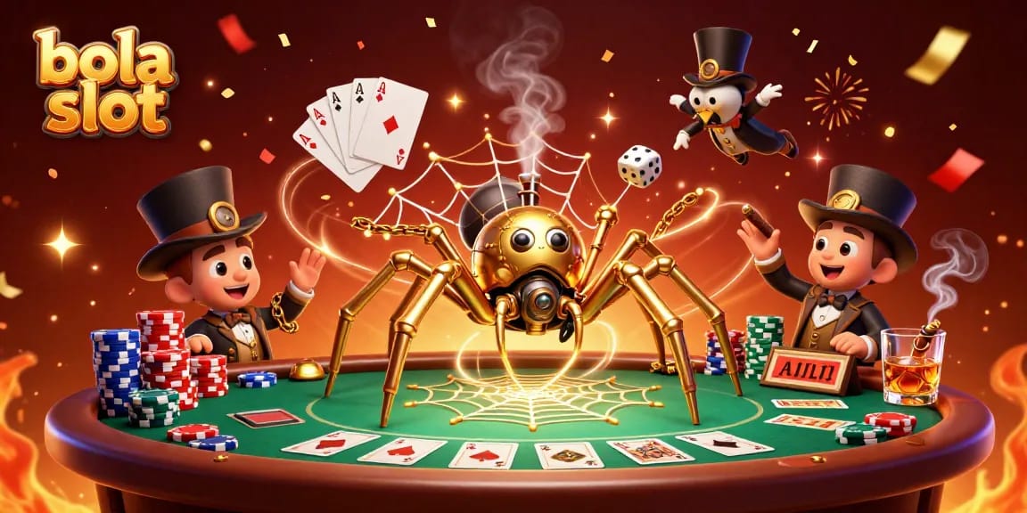 Engage with bola slot gameplay featuring a vibrant 3D scene of a golden spider and vintage fly at a poker table.