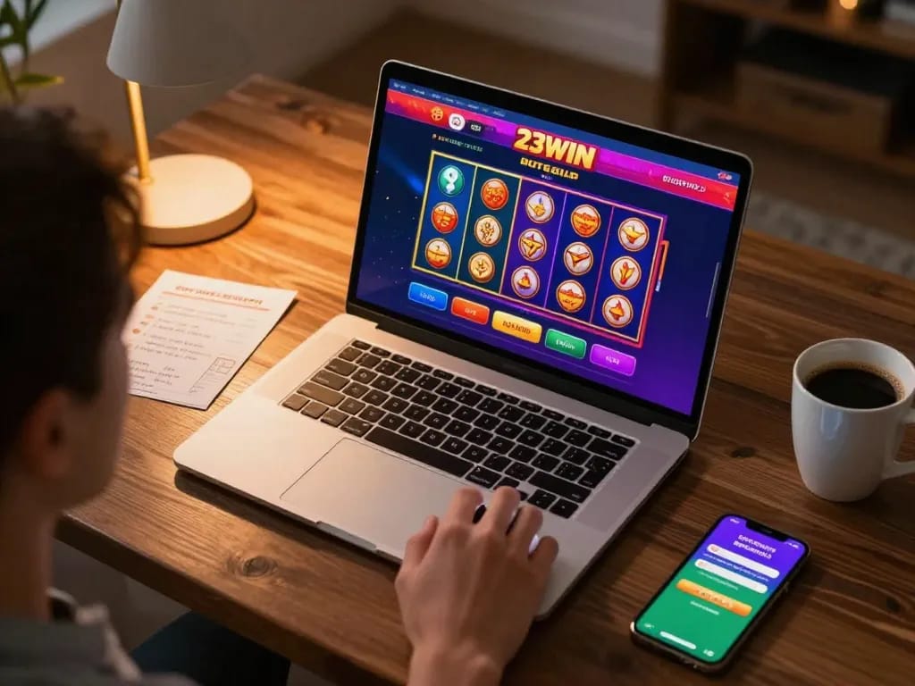 Player exploring gaming options at 23WIN online casino on a laptop, surrounded by strategy notes and warm lighting.