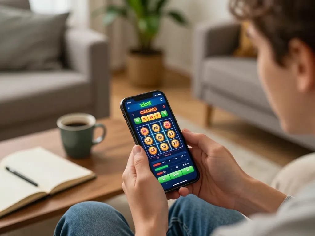 Xibet online casino gaming on smartphone showing vibrant slots interface in a cozy home.