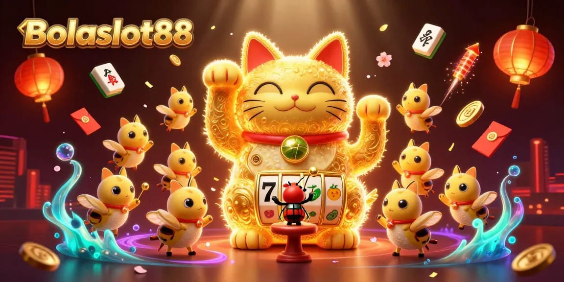 Bolaslot88 brings luck with a charming lucky cat, golden fireflies, and casino symbols.