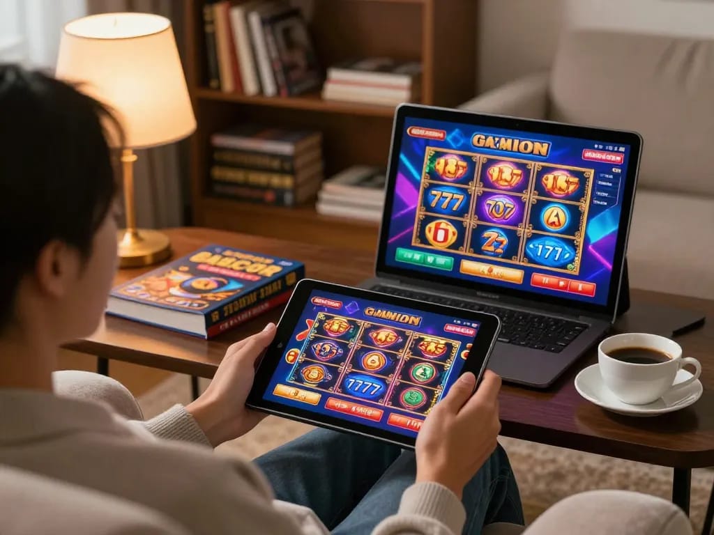 SLOT GACOR 777 gameplay on tablet in a cozy home environment under soft lighting.