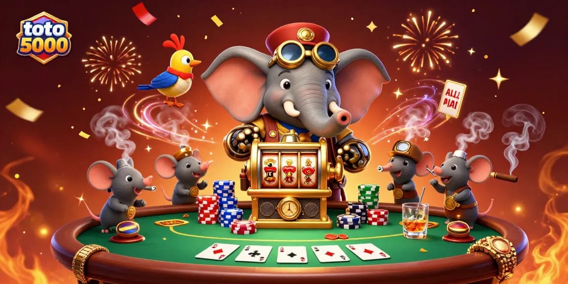 Experience the excitement of toto 5000 gameplay with a lively 3D illustration featuring a steampunk elephant at a bustling casino.