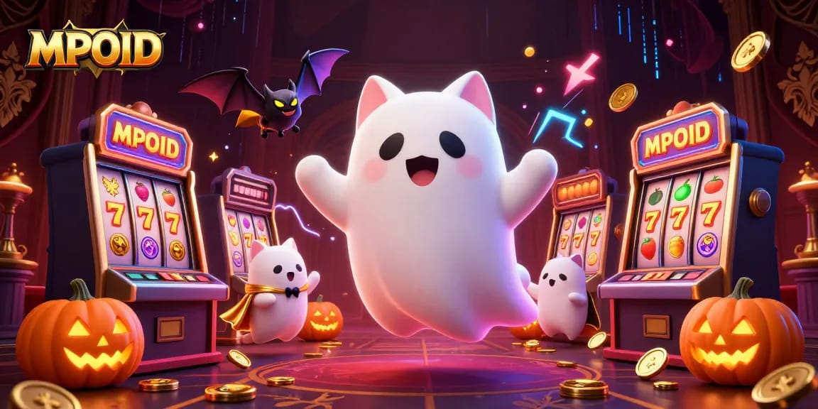 Experience MPOID luck with a lively ghost cat and slot games in this vibrant casino scene.