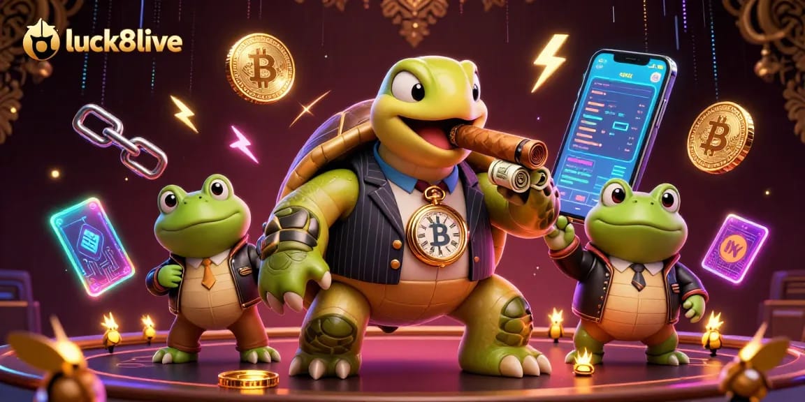 Experience luck8live with a vibrant 3D casino scene featuring a snapping turtle and bullfrog enforcers.