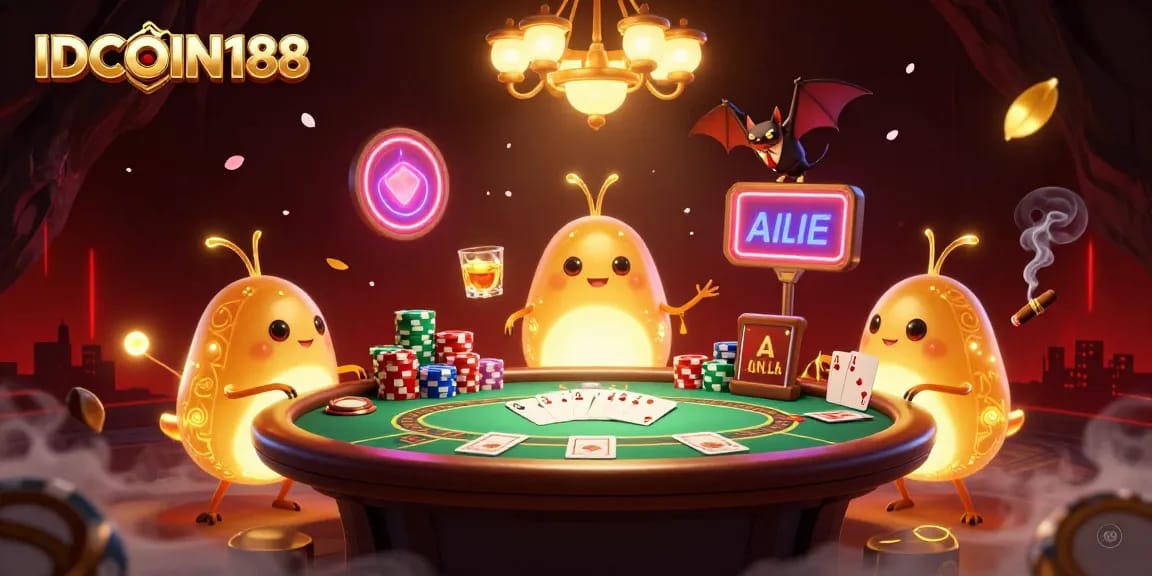 Experience the lively casino atmosphere with IDCOIN188, as glowing characters animate a thrilling poker scene.