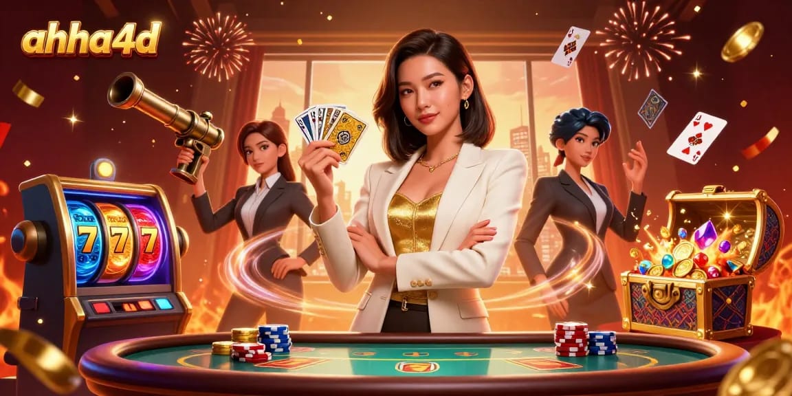 Experience the thrill at ahha4d with a powerful businesswoman showcasing her golden cards surrounded by casino elements.