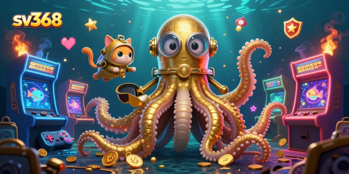 Engage in thrilling gaming at sv368, featuring a kraken and diving cat amidst dynamic casino elements.