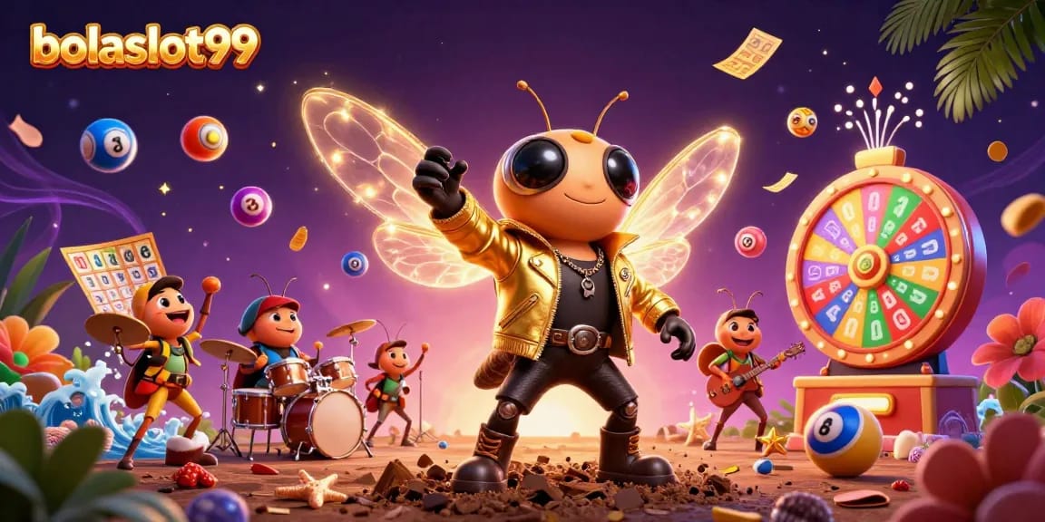 Experience festive winning moments with bolaslot99 as a cicada rock star shines amidst colorful lottery elements.