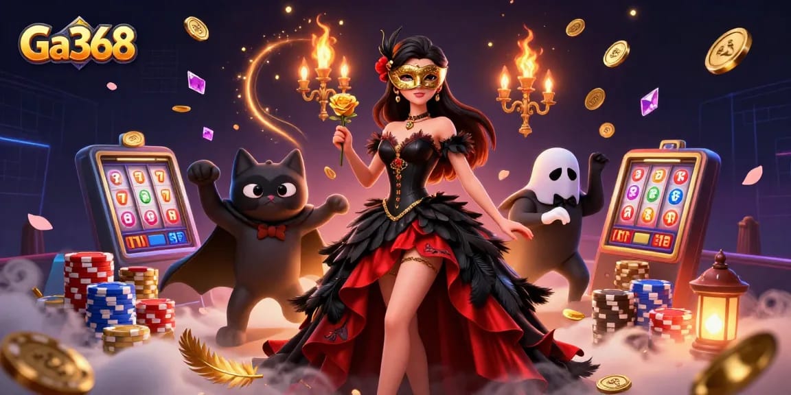 Experience the excitement of Ga368 cockfighting with dazzling characters, golden coins, and interactive gaming elements.