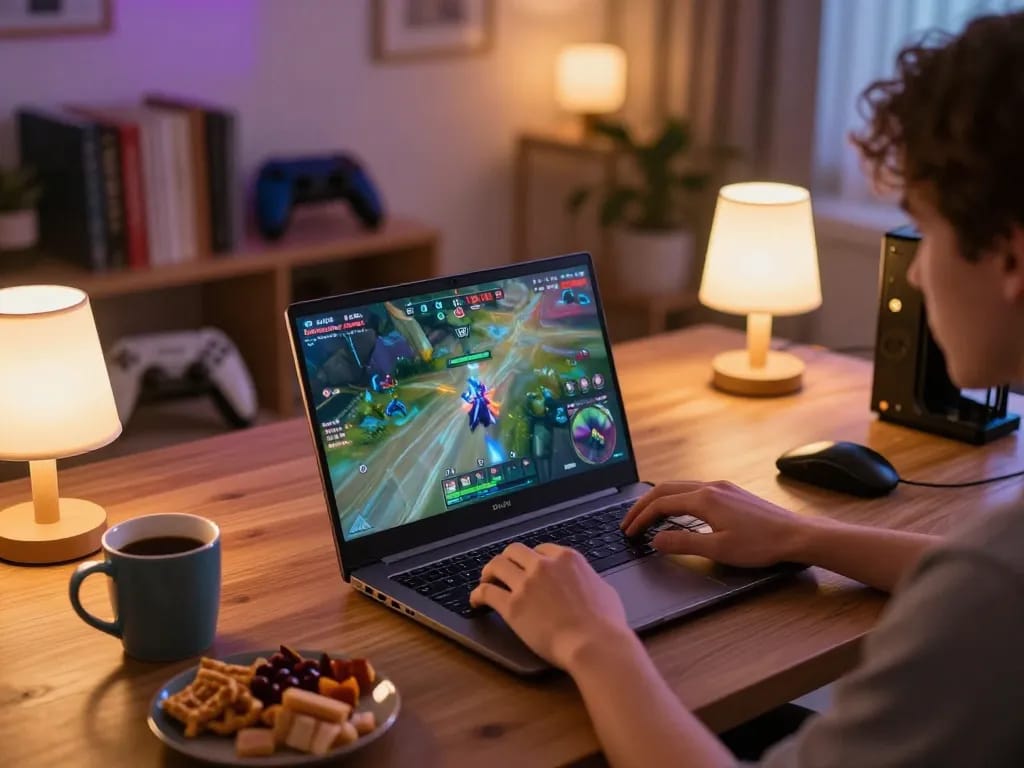 Diving into the action of DW8 gameplay during an engaging home gaming session with a laptop.