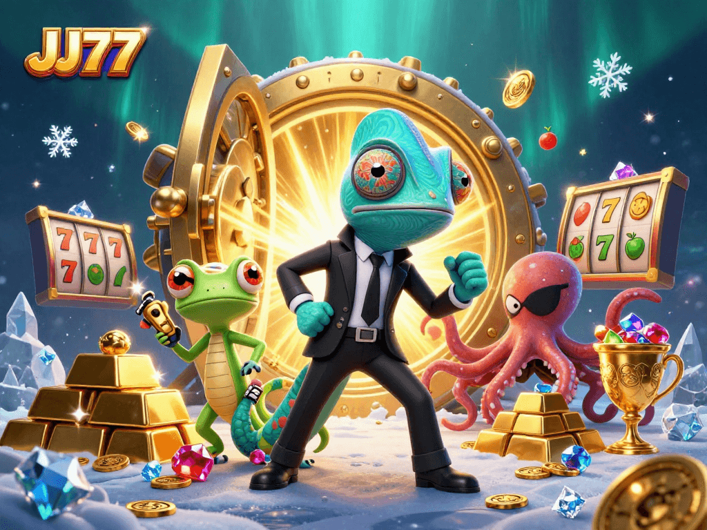 Experience the thrill of JJ77 slots with dynamic secret agents and treasure elements in a vibrant casino scene.