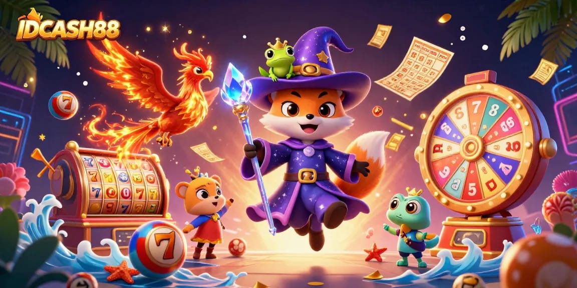 Experience thrilling gameplay at IDCASH88 with vibrant slot reels and fantasy characters.
