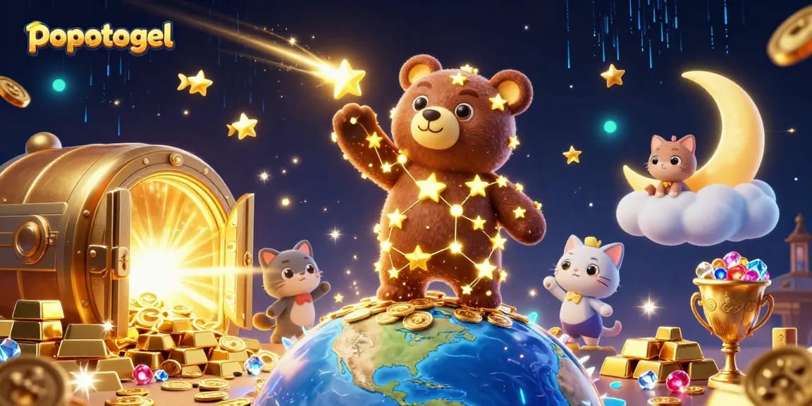 Engage with popotogel at a vibrant casino scene, featuring a constellation bear and treasures shining in 3D.