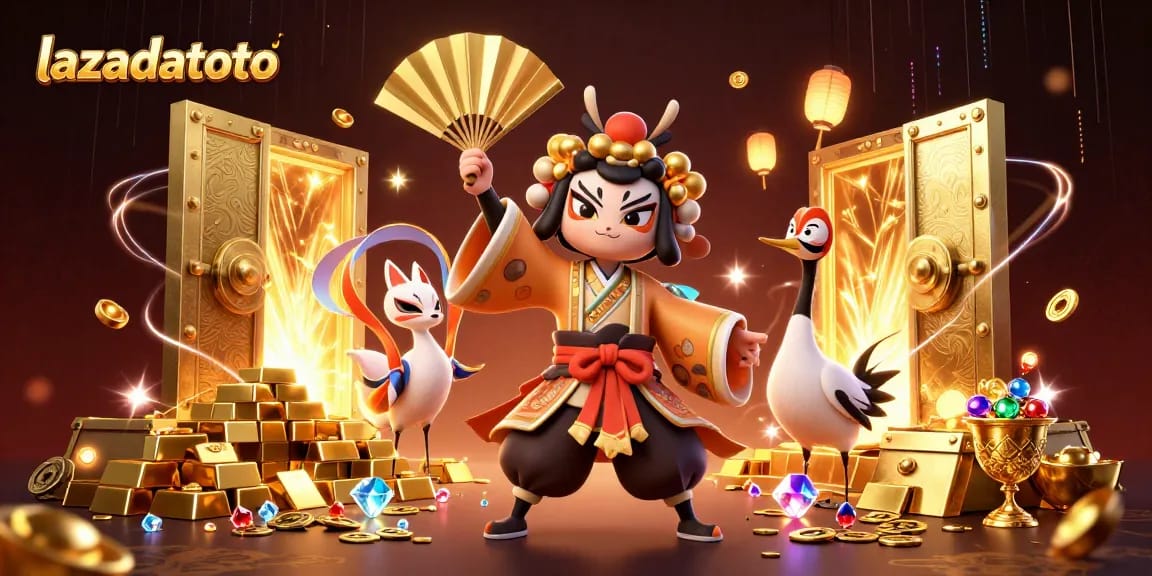 Menangkan permainan kasino di lazadatoto dengan ilustrasi dinamis kabuki warrior dan barang berharga.