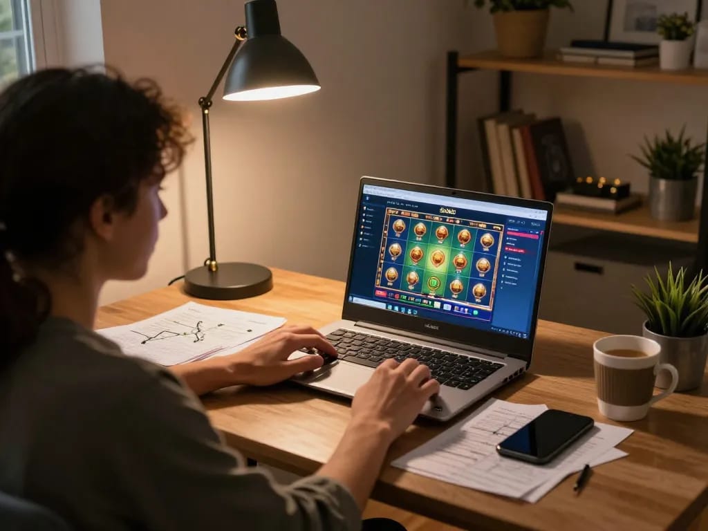 Player engaging with sc88e online gaming interface at home, showcasing a relaxed and strategic gaming environment.