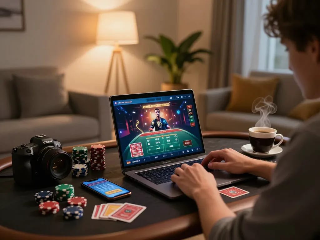 Player enjoying a strategic online gaming session on lc88 with laptop and mobile app.