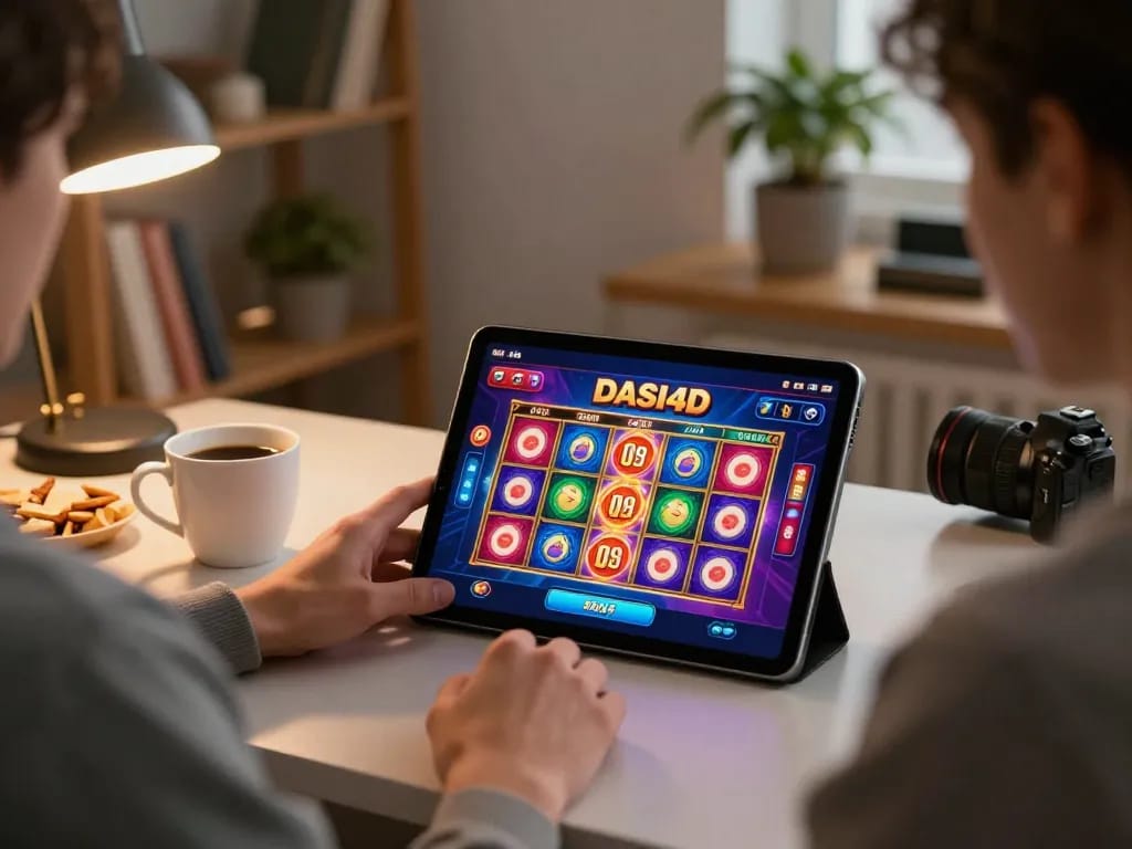 Pemain DASI4D online menikmati permainan slot yang menang di tablet di meja rumah.