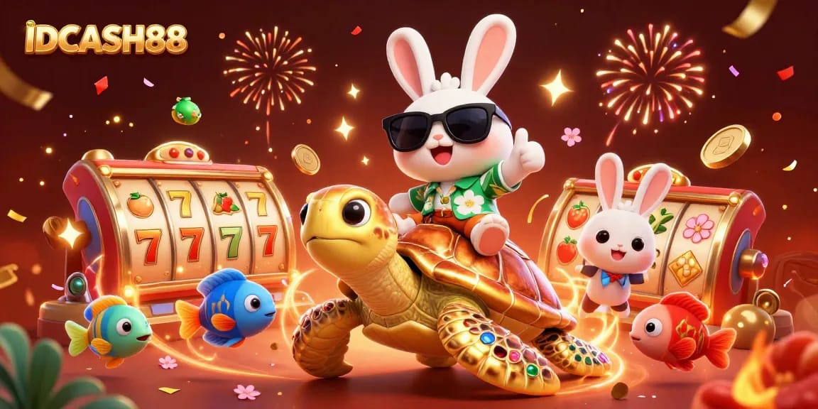 Join the fun with IDCASH88, featuring a lucky rabbit, golden turtle, and vibrant slot symbols in a festive casino scene.