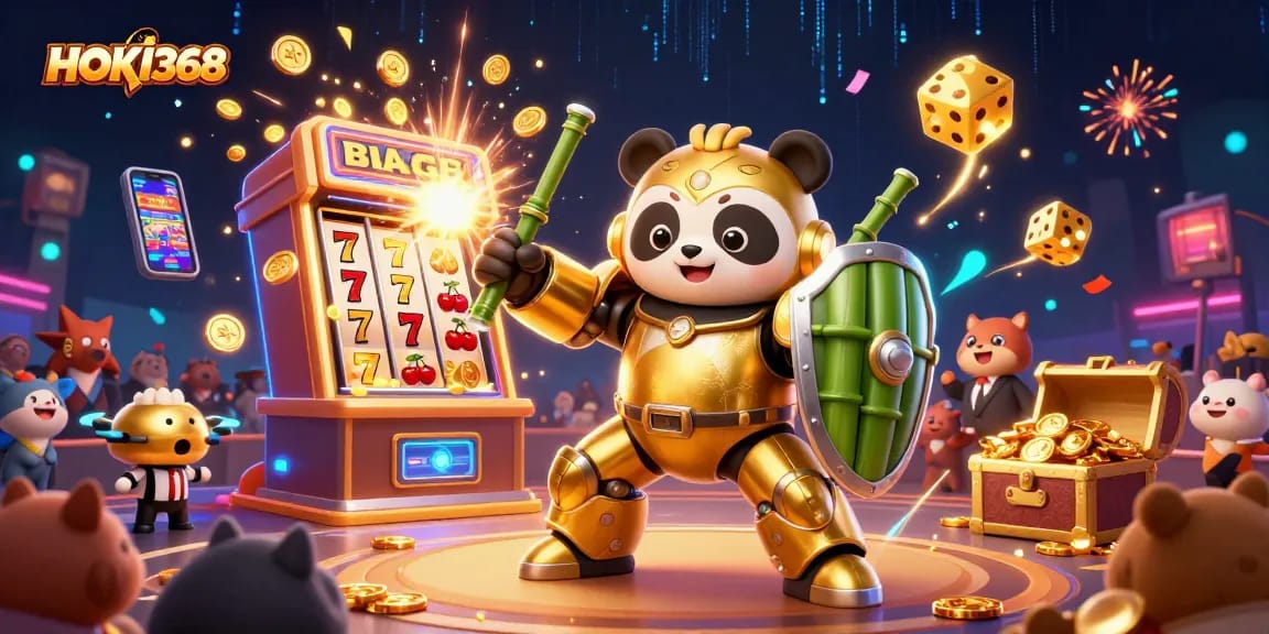 Experience HOKI368's thrilling gaming scene with a golden panda mech, jackpot explosions, and vibrant casino elements.